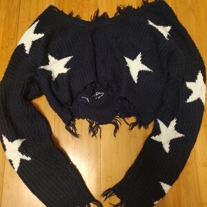 Navy Star Patterned Women's  Cropped Sweater